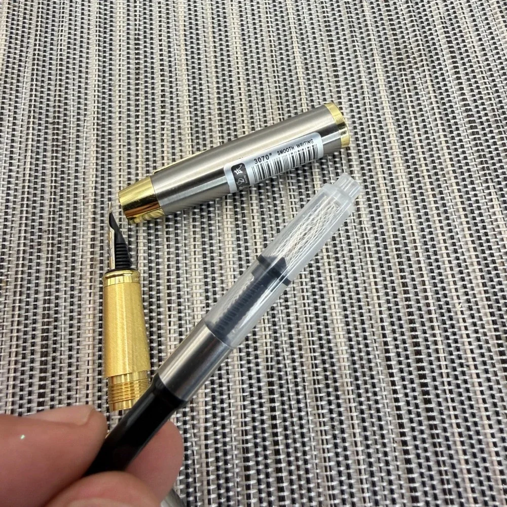 Luoshi 3070 Fountain Pen Brushed Stainless Steel Gold Trim 22KGP Medium Nib